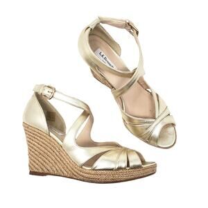 L.K. Bennett Maggie Peep Toe Wedge Sandals Espadrille Metallic Gold Size US 10
